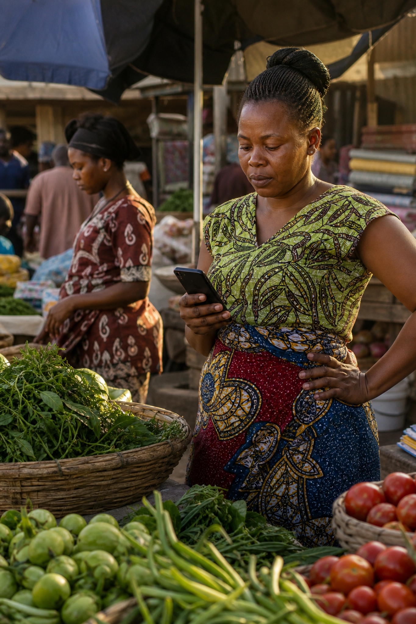 A West African market trader reviewing financial activity on her phone
