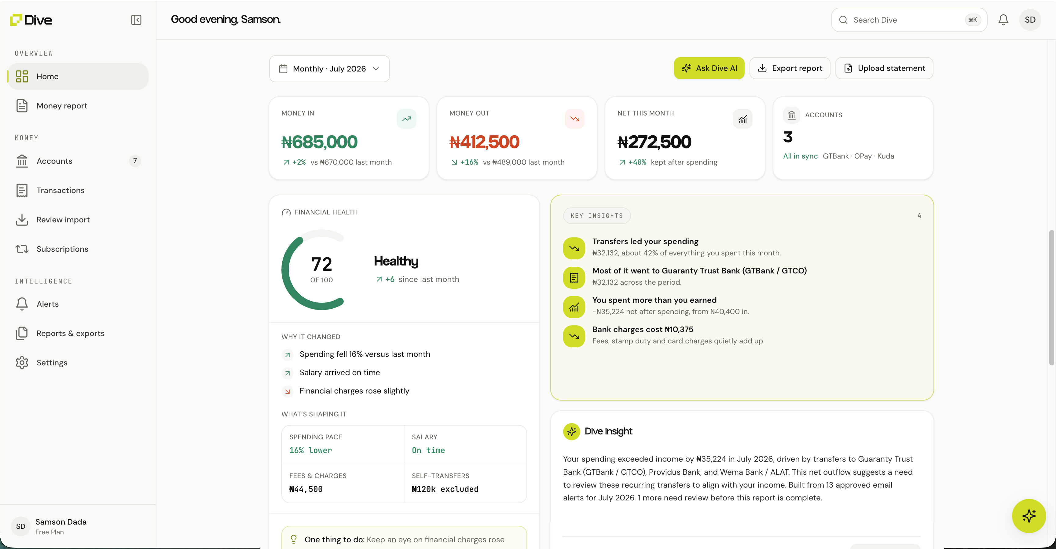 The Dive for Individuals dashboard showing money in, money out, a financial health score, and key insights