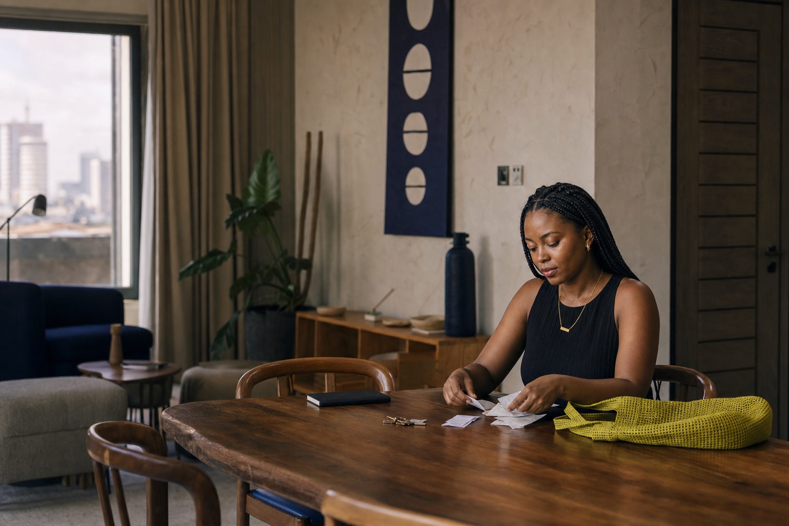 A woman sorting through paper receipts at her dining table