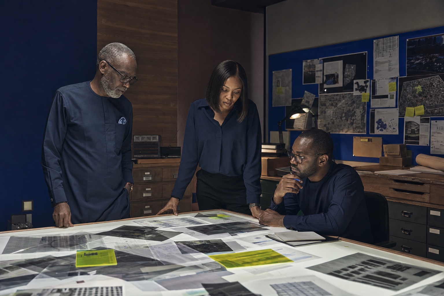 Three financial professionals reviewing printed transaction data across a light table
